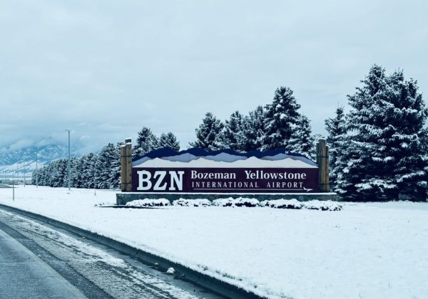 Picture of Bozeman airport sign with snowy background